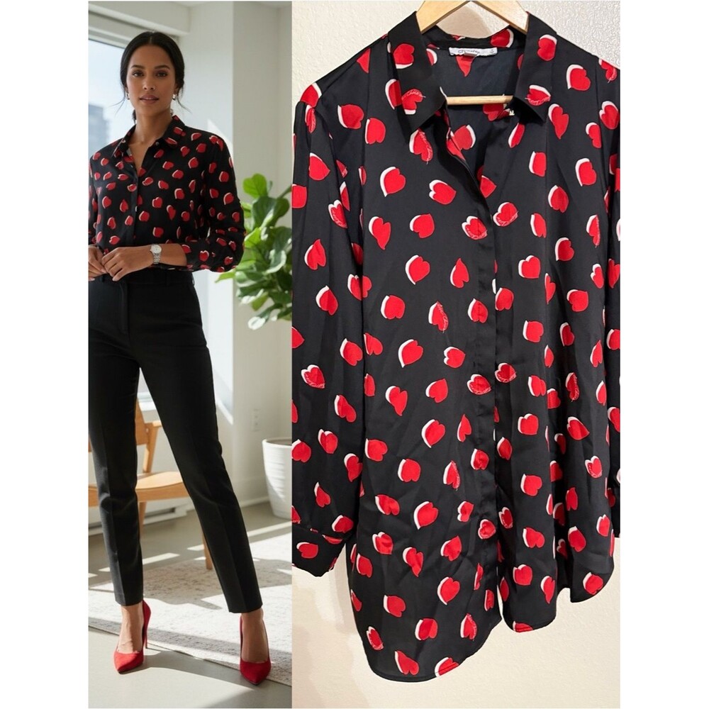Chico’s Black Red Heart Print Button Front Blouse Size 3 (US 16)